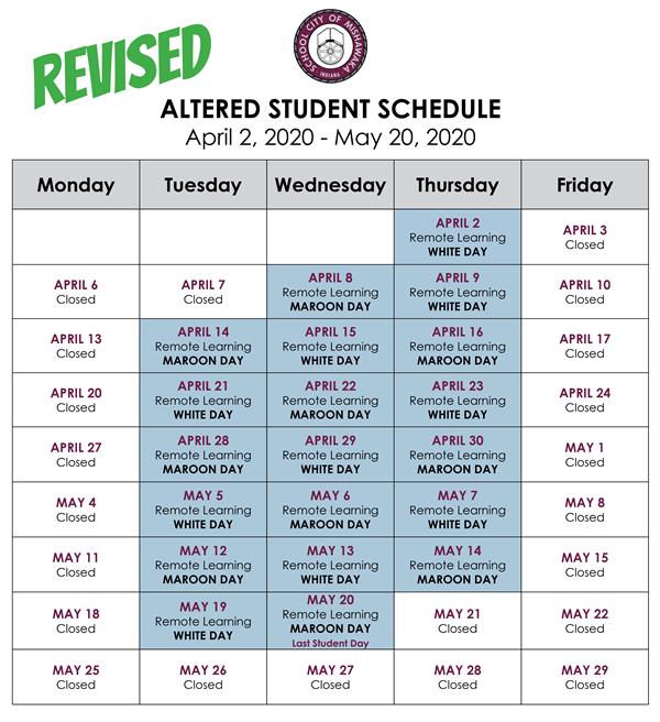 revised student schedule through May 20, 2020 